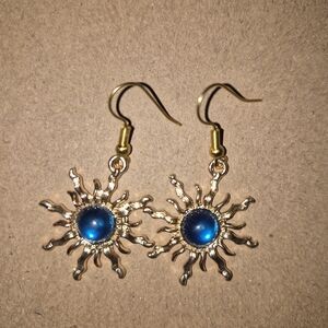 Gold Sunburst Earrings with Blue Accents